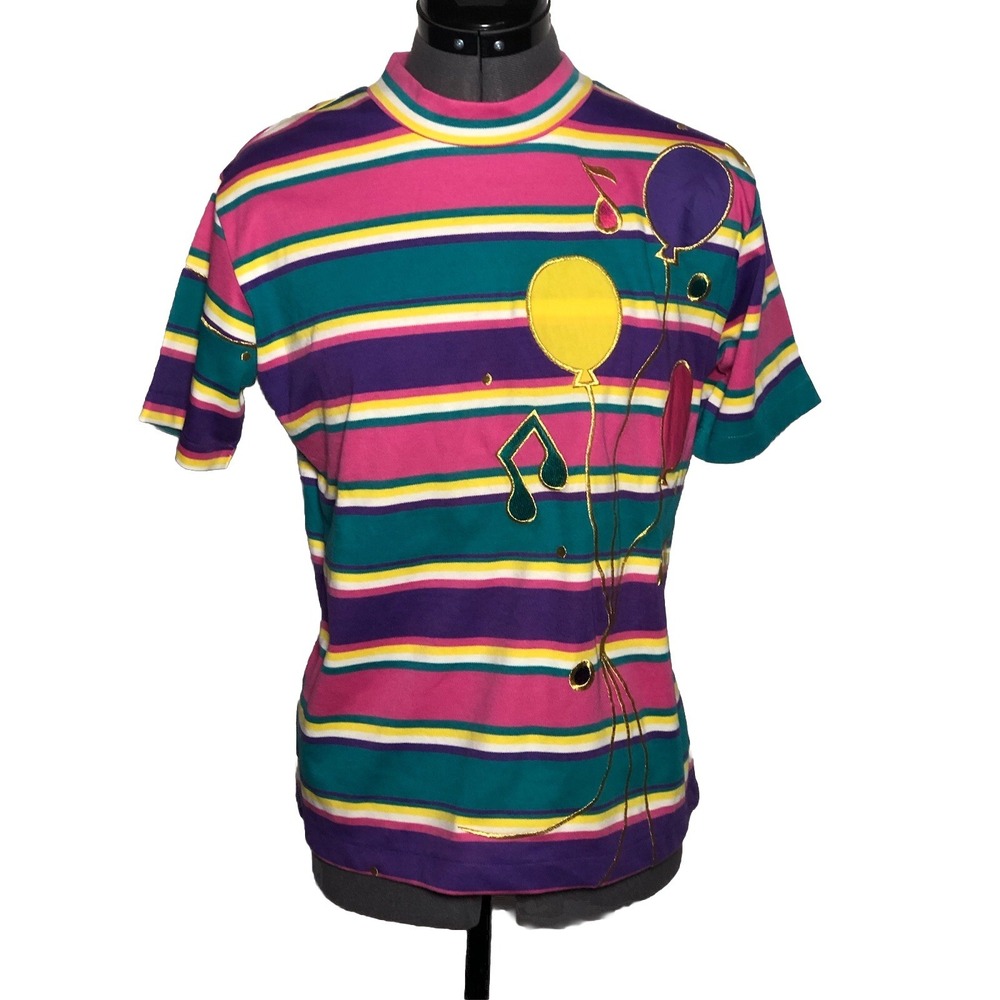 Vtg 90s Graphic T-Shirt Striped Balloon Music Note Bright Color Party Tee M/L